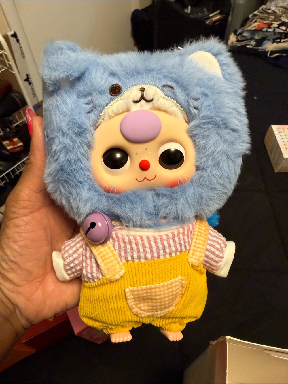 Baby Three Cat Wardrobe Plush Blind Box Figure – Blue Cat Costume Collectible